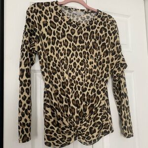 Gaze Leopard Print Twist Front Long Sleeve Top